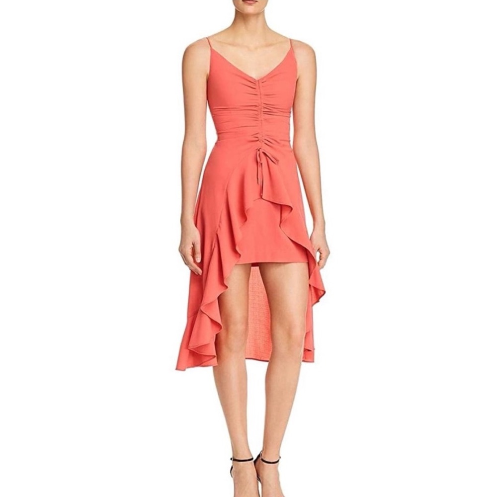 Finders Coral Ruffle Ruched High- Low Midi Dress S
